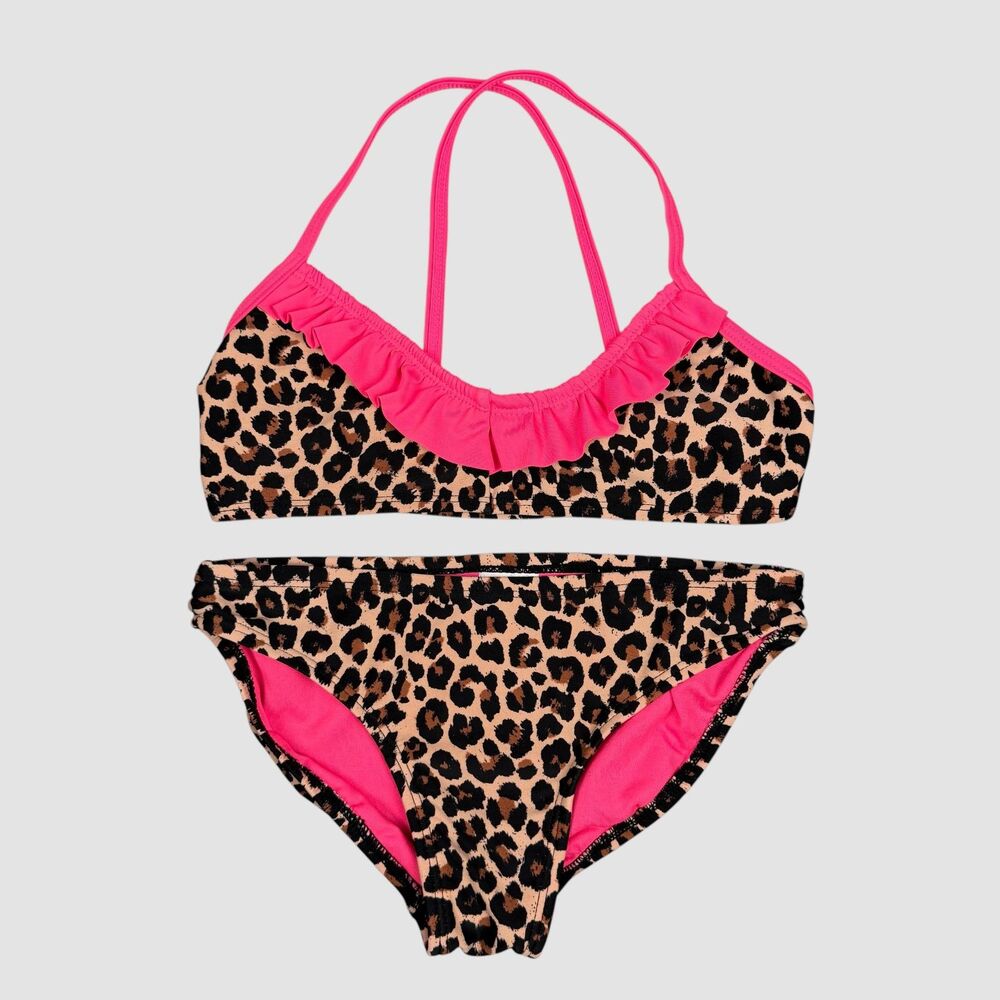 Xhilaration Leopard Print Bikini Set Pink Ruffle Girls Size 7/8 Medium Swimwear